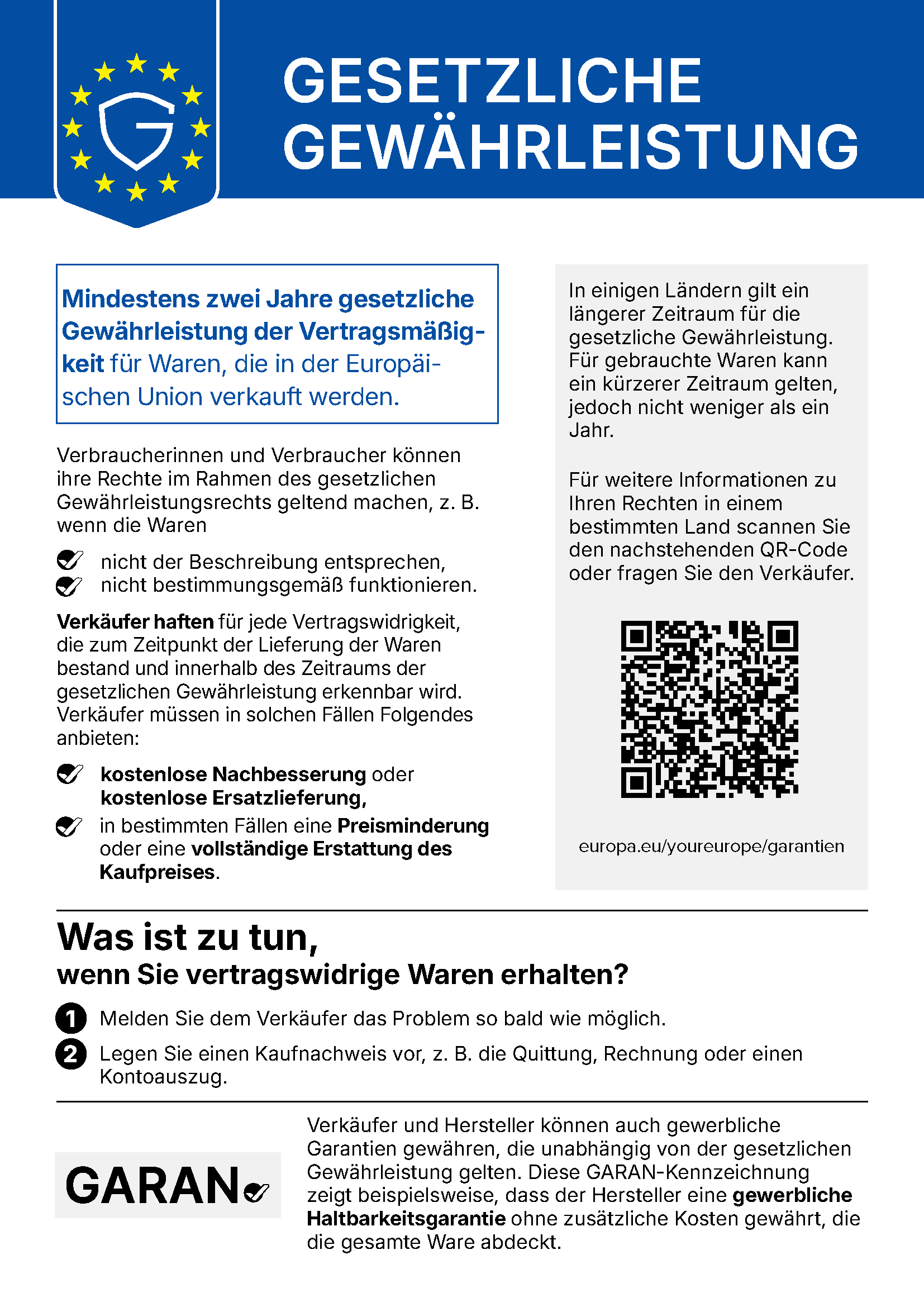 EU-Hinweis: Gesetzliche Gewährleistung – kostenlose Abhilfe bei mangelhafter Ware, mindestens 2 Jahre