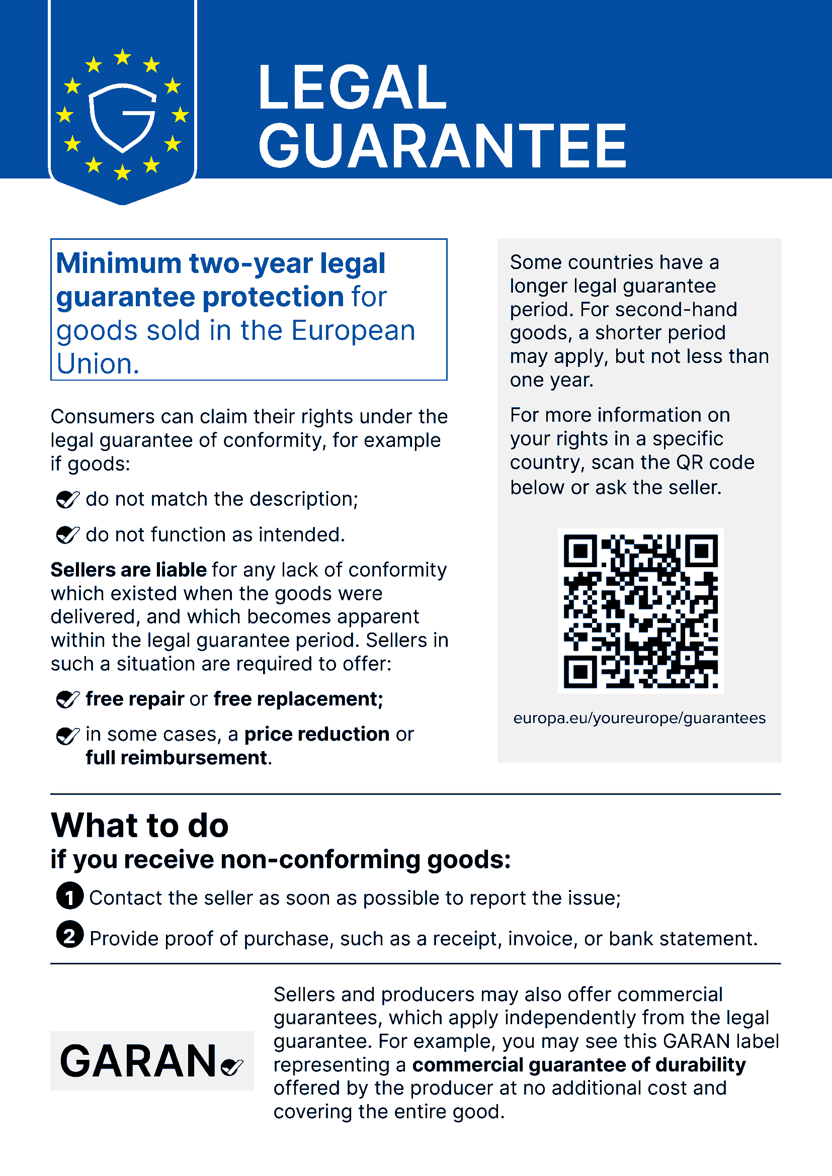 EU notice: legal guarantee of conformity – free remedies for faulty goods, minimum 2 years