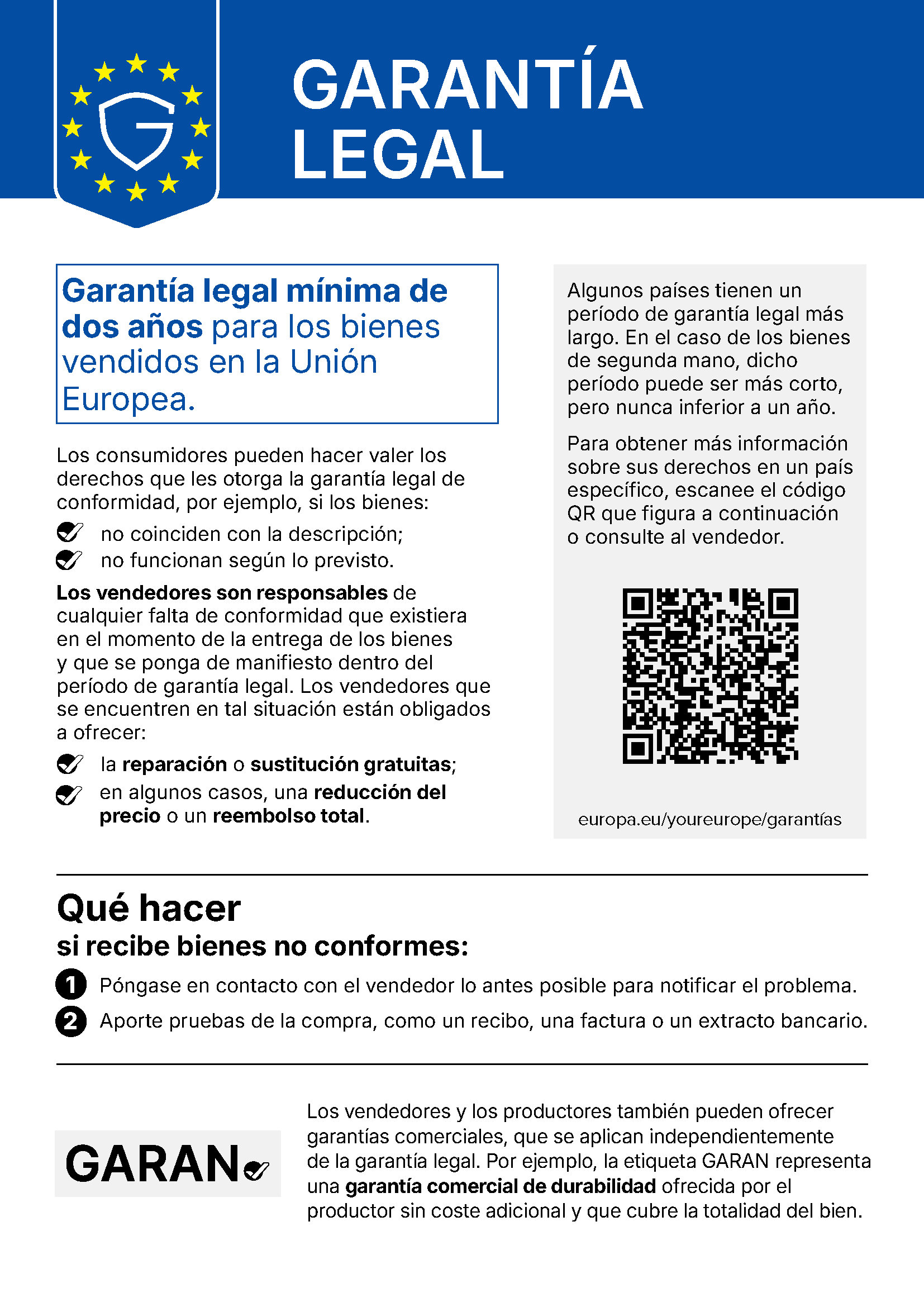 Aviso de la UE: garantía legal de conformidad – reparación gratuita de bienes defectuosos, mínimo 2 años