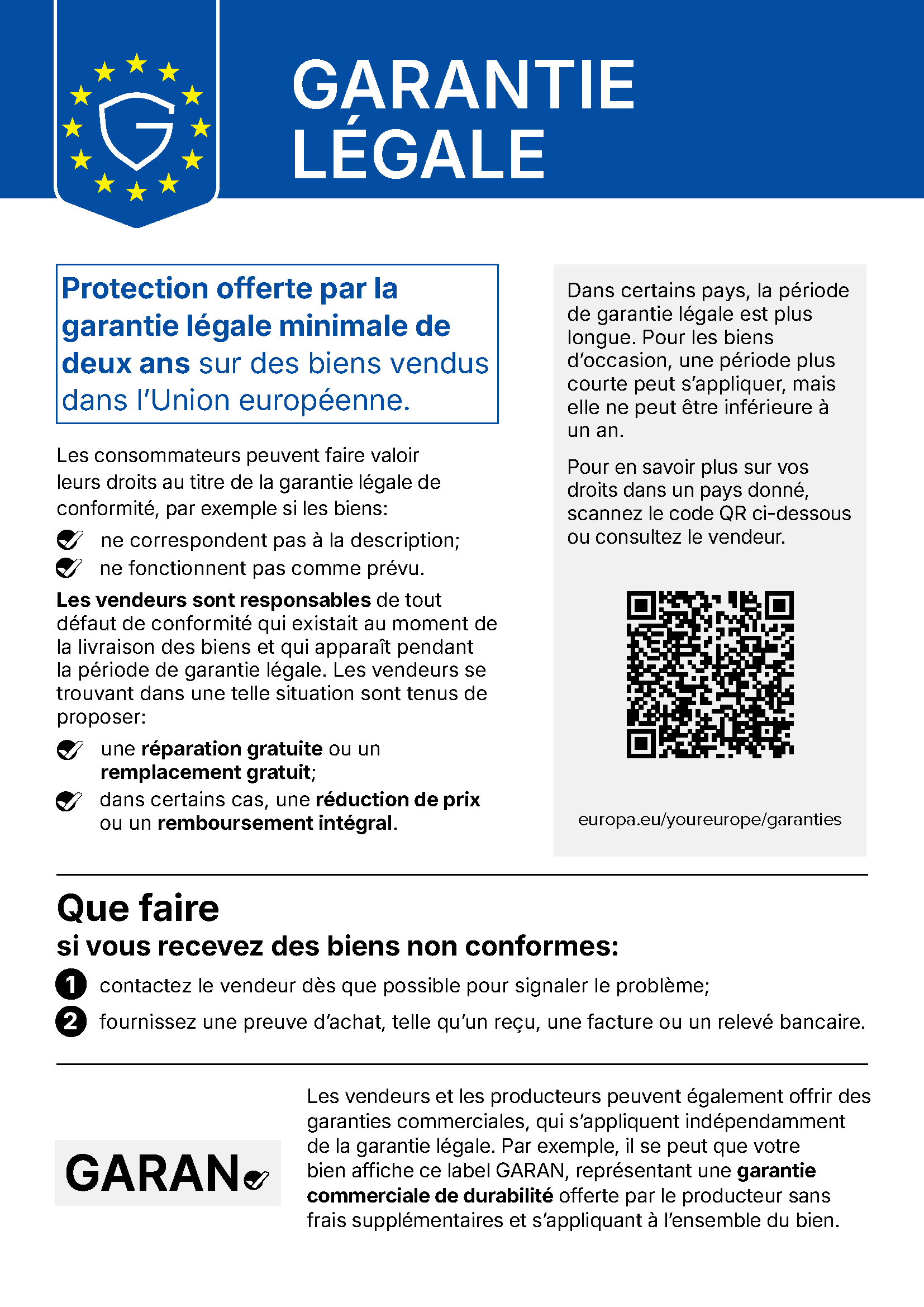Avis de l’UE : garantie légale de conformité – recours gratuits en cas de bien défectueux, 2 ans minimum