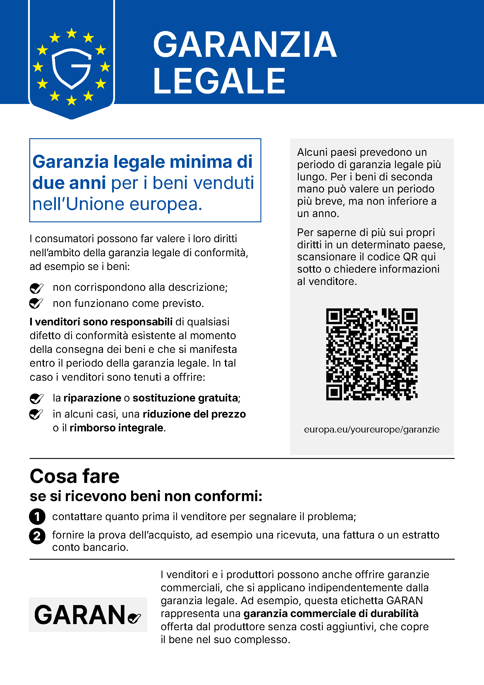Avviso dell’UE: garanzia legale di conformità – rimedi gratuiti per beni difettosi, minimo 2 anni