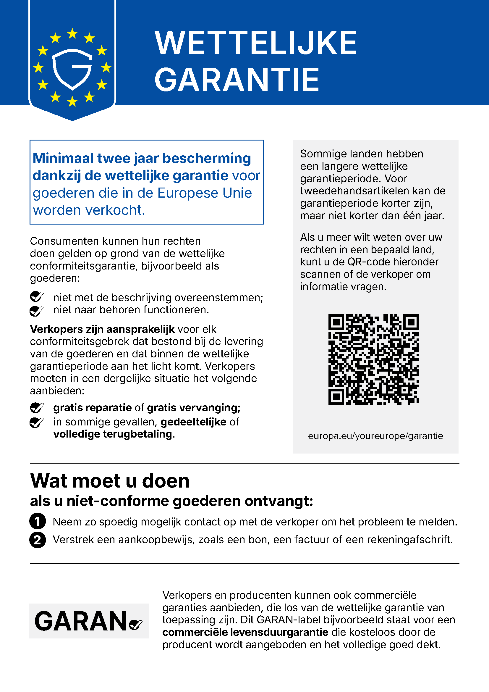 EU-kennisgeving: wettelijke conformiteitsgarantie – kosteloos herstel bij gebrekkige goederen, minimaal 2 jaar