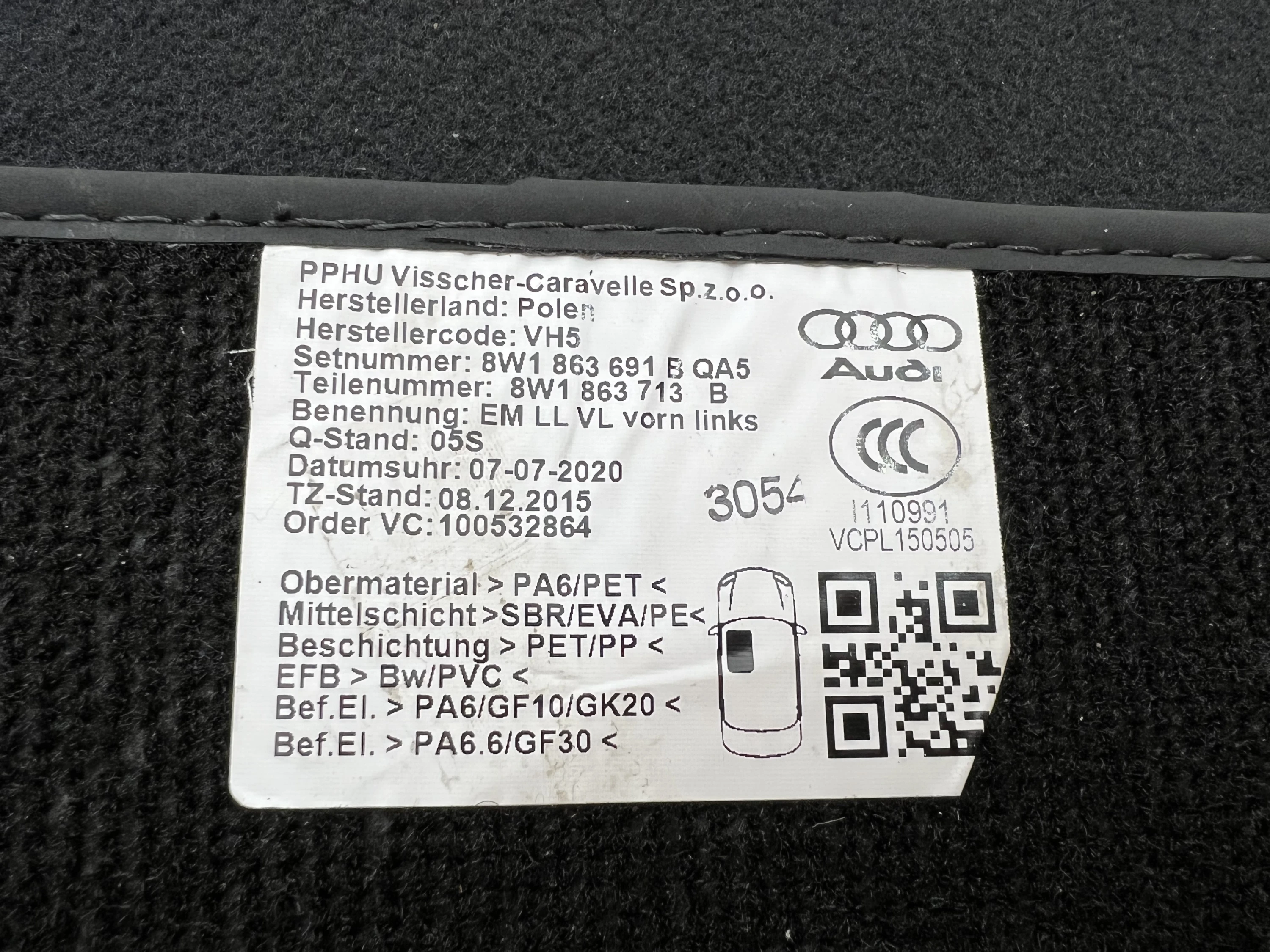 Tapis de sol en velours premium pour Audi A4 B9 8W, ensemble de 4